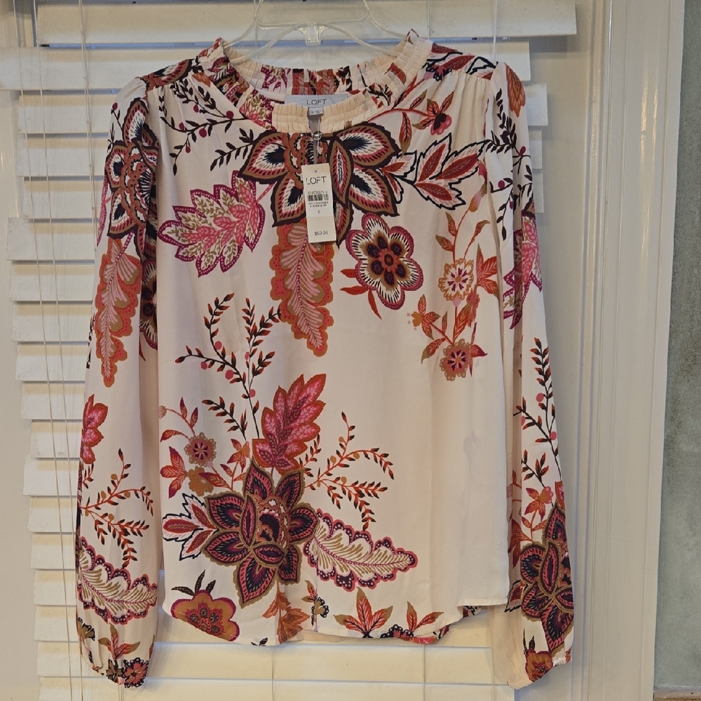 LOFT Cream Colored Floral Blouse with Pink Accents